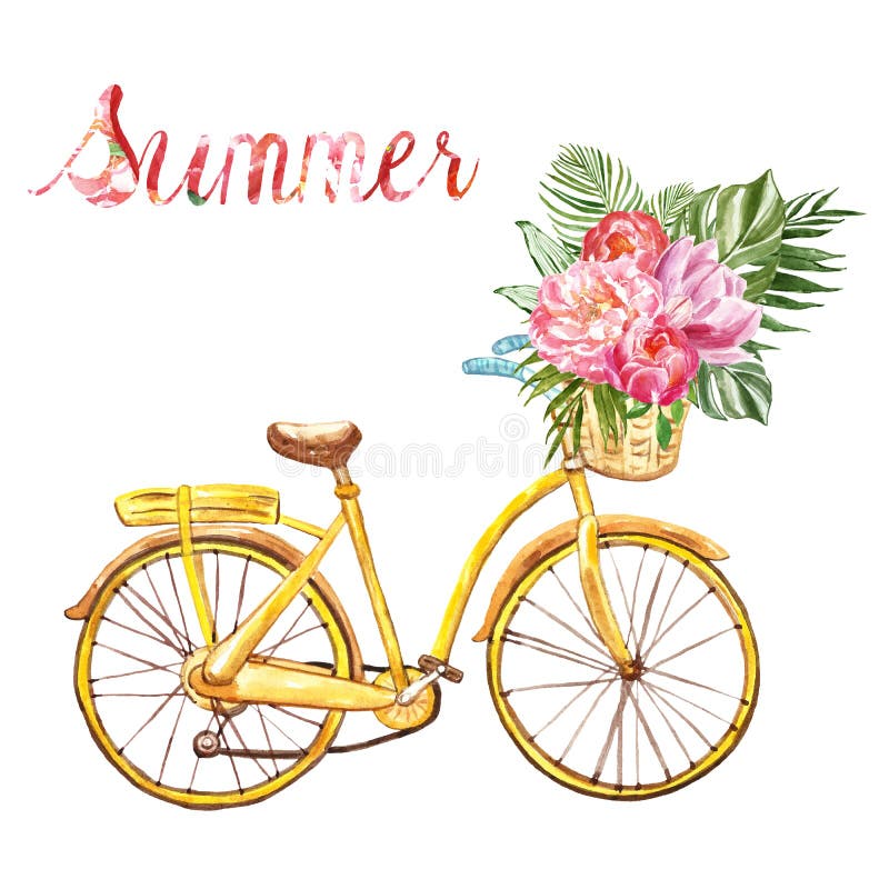 Watercolour yellow hand painted bicycle with basket and tropical floral bouquet, isolated on white background.
