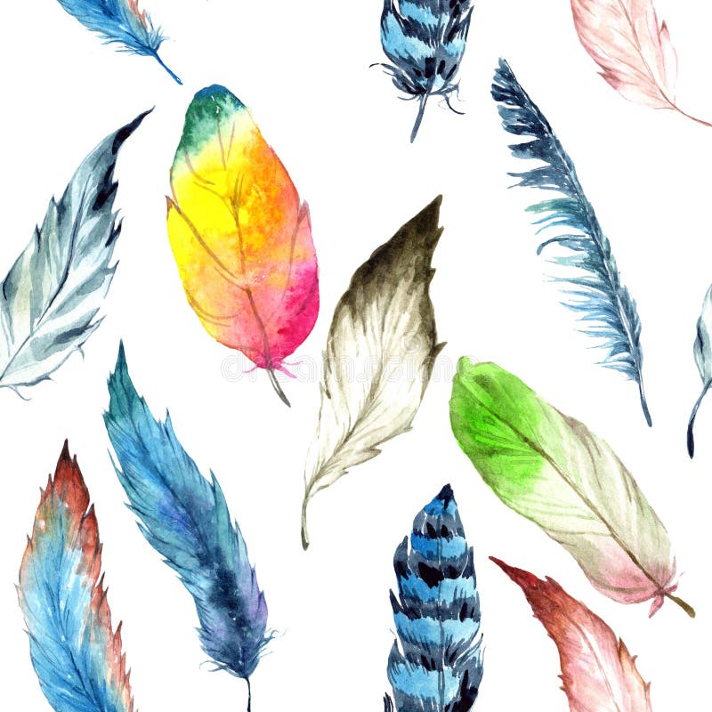 Watercolor Bird Feather from Wing. Seamless Background Pattern. Fabric ...