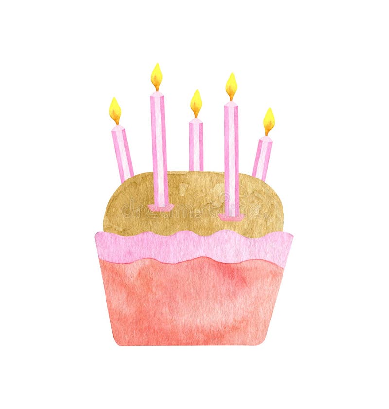 Watercolor Birthday cake with five candles. Hand drawn cute biscuit cupcake in pink paper liner. Dessert ilustration isolated on