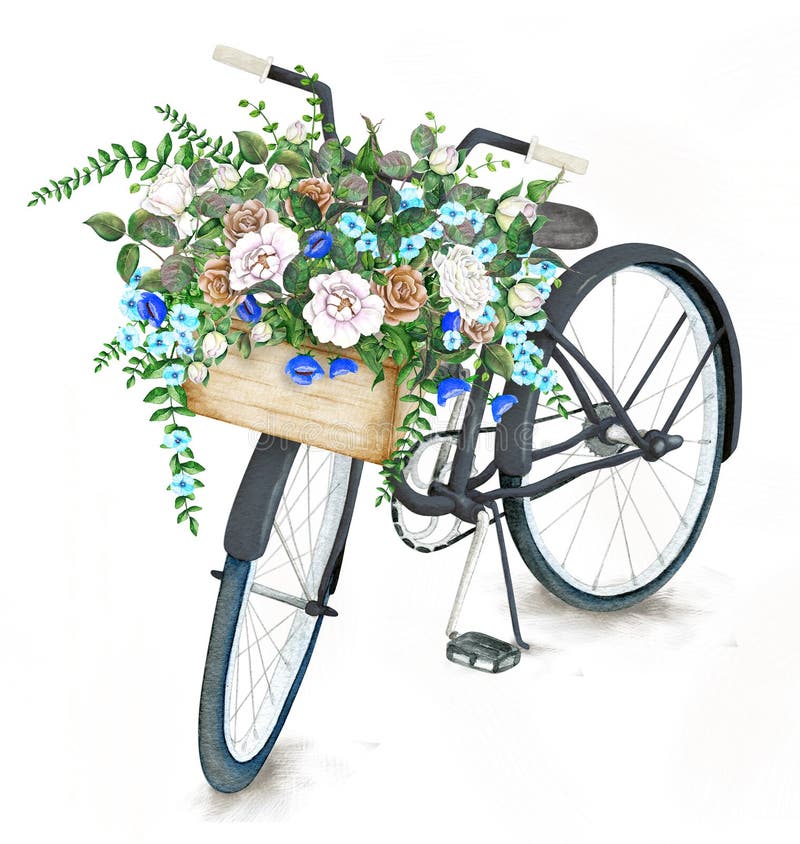 Watercolor black bicycle with flower basket