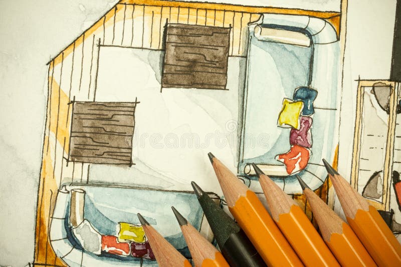 Watercolor and black ink freehand sketch painting of apartment flat floor plan living room with a lot of sharp pencils