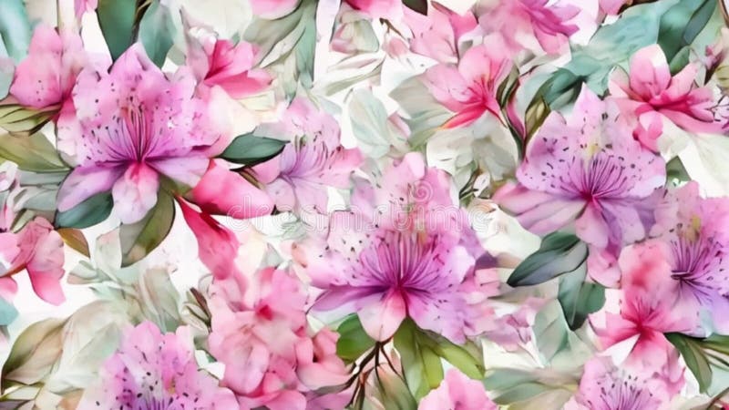 Watercolor blooming pink rhododendron, motion