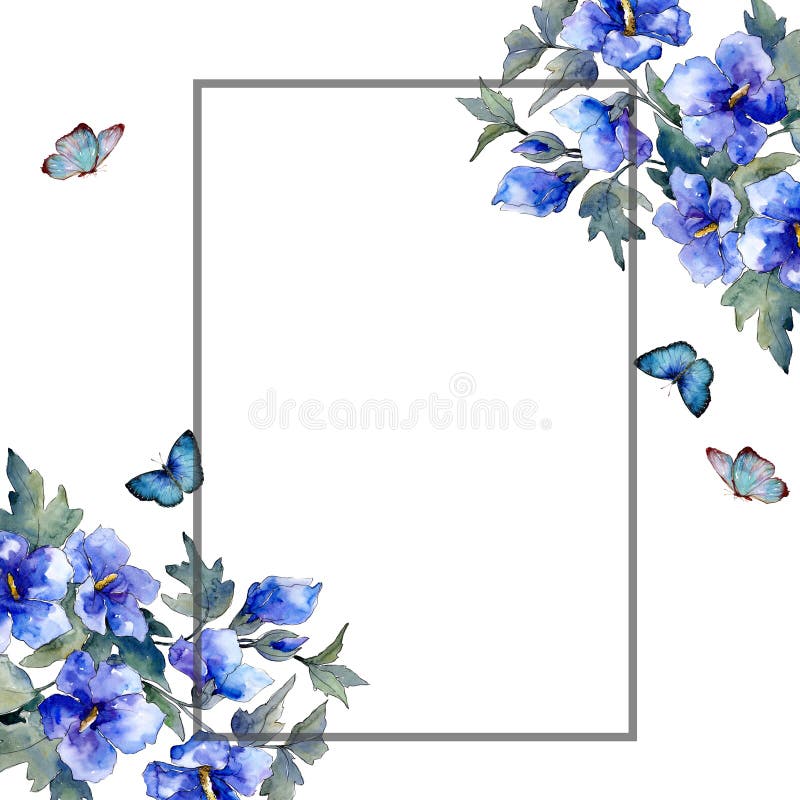 Watercolor Blue Bouquet of Poppy Flower. Floral Botanical Flower. Frame ...