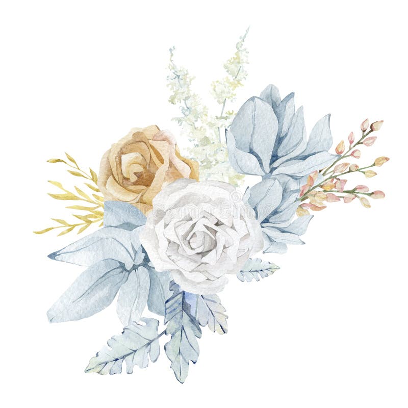 Watercolor blue floral bouquet. White rose, white flowers, pampas grass, branch, foliage. Wild flowers. Wedding botanical illustration for greting card