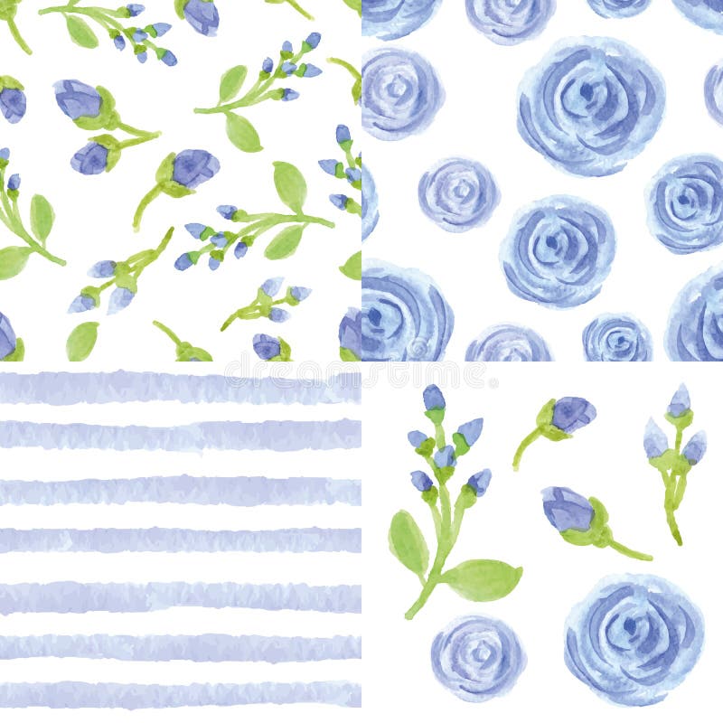 Watercolor blue flowers,strips seamless pattern set