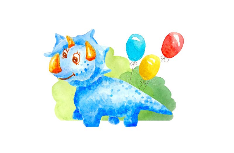 Watercolor blue kind dinosaur Triceraptors congratulates, invites, smiles and is affable on the background of three gel balls and green bushes isolated for Day Museum