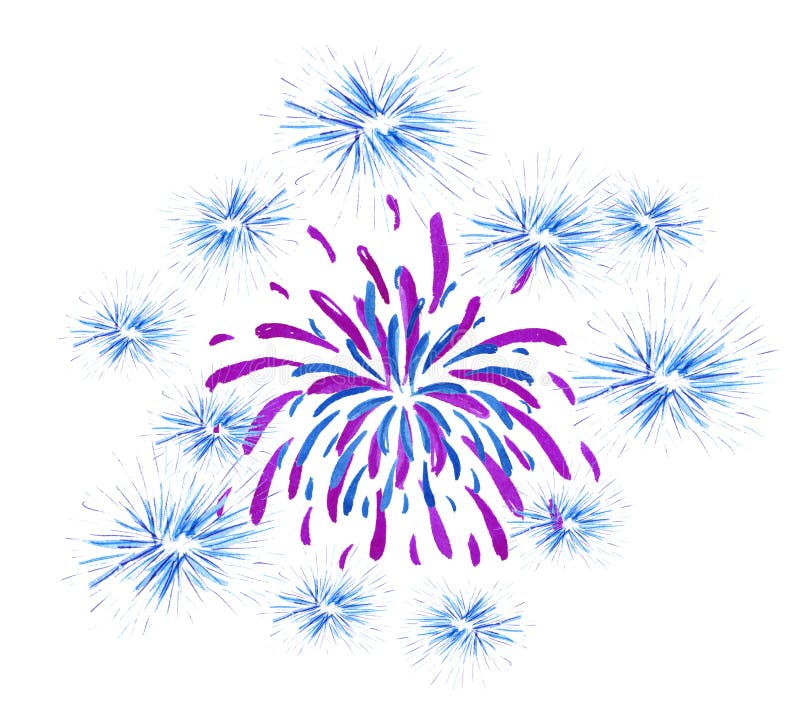 Watercolor Blue and red fireworks isolated on white background, Wedding