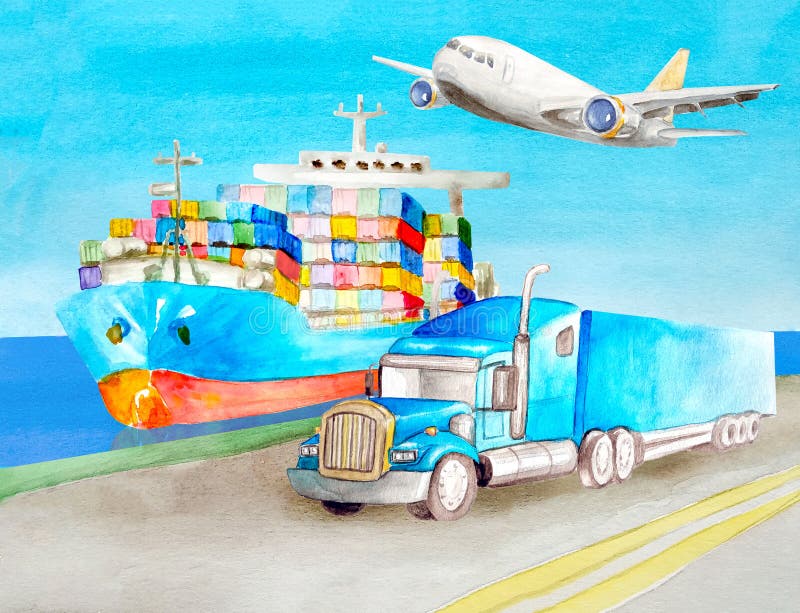 Watercolor blue semi-trailer tractor truck standing on the shore on the road near the blue cargo container ship on water ready to royalty free illustration Watercolor blue semi-trailer tractor truck standing on the shore on the road near the blue cargo container ship on water ready to royalty free illustration