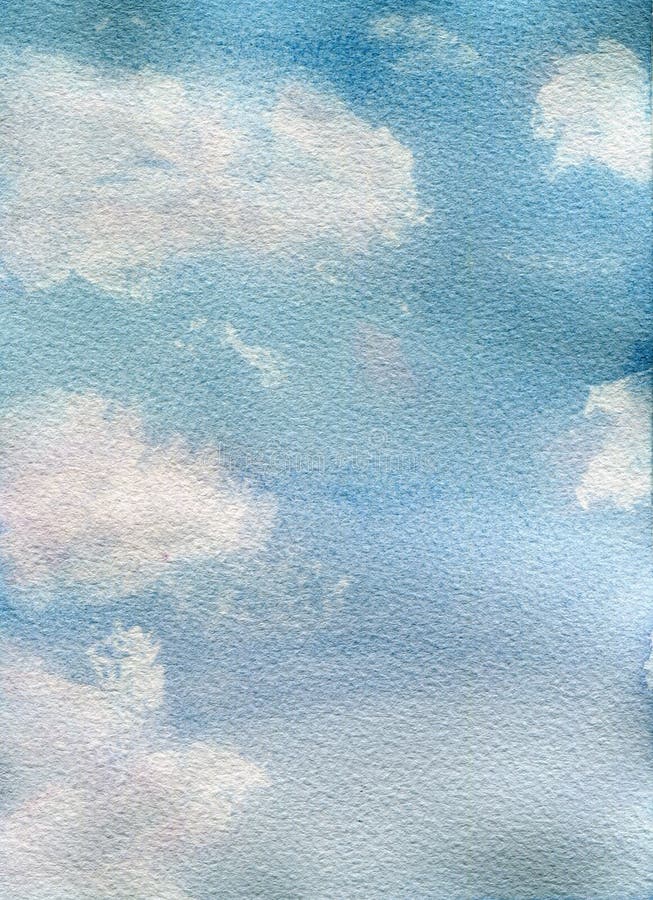 Watercolor Blue Sky with Fluffy White Clouds, Hand Painted Sky Template