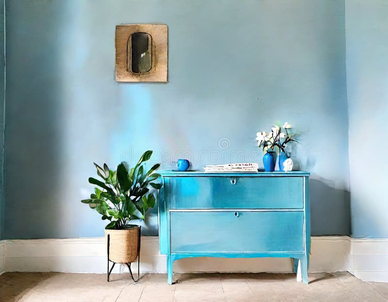 Watercolor of Blue Wall Commode Decor in Living Stock Illustration