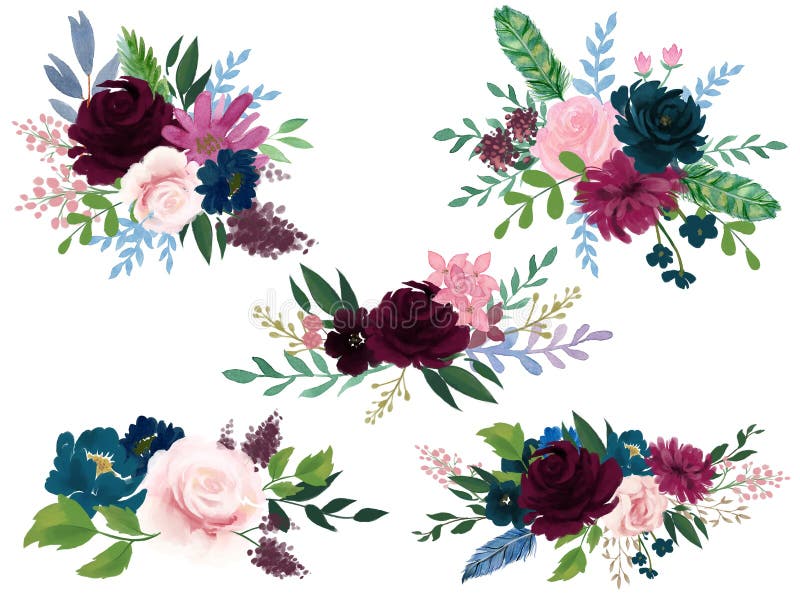 Watercolor Bohemian Floral Composition Pink Wine Marsala and Navy Blue  Floral Bouquet Stock Illustration - Illustration of beautiful, marsala:  152619215