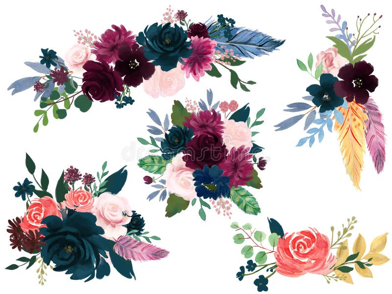 Watercolor Bohemian Floral Composition Pink Wine Marsala and Navy Blue  Floral Bouquet Stock Illustration - Illustration of design, greeting:  152619261