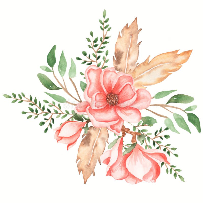 Watercolor Boho Floral Bouquet Illustration Set. Peony, Greenery, Leaves, Feathers, Wedding Bohemian Flowers Clipart. Foliage Stock Illustration - Illustration Of Floral, Drawn: 174979067