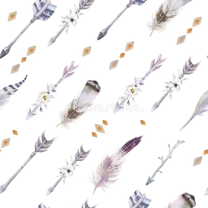 Boho Seamless Watercolor Pattern of Arrows and Wild Flowers, Leaves ...
