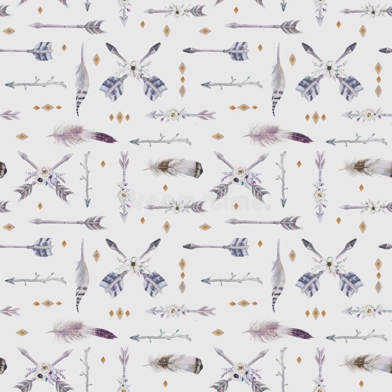Watercolor Boho Seamless Pattern With Teepee, Arrows And Feather Stock ...