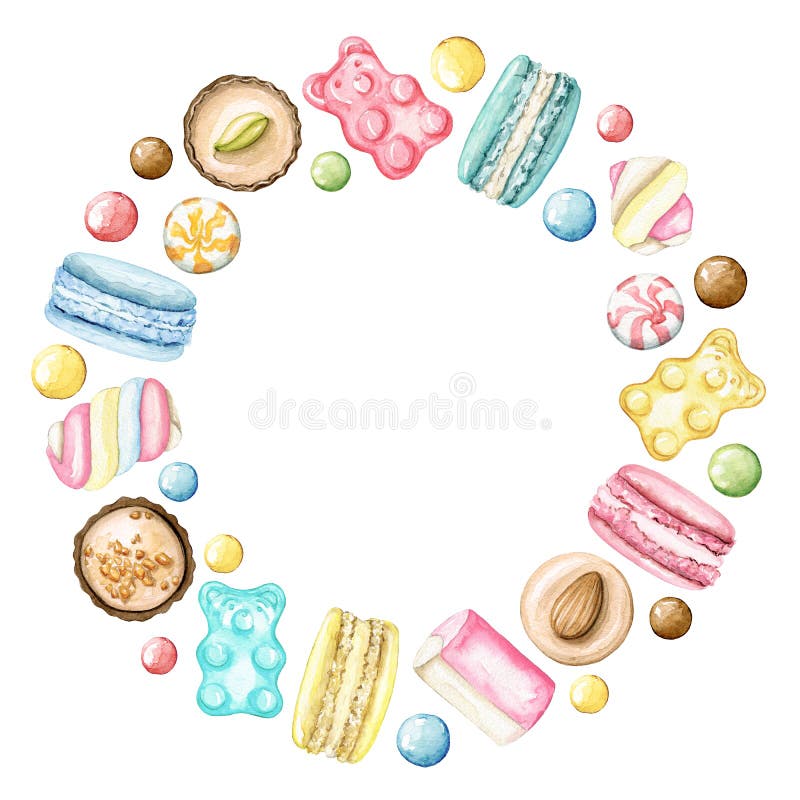 Watercolor border frame with multicolor sweets