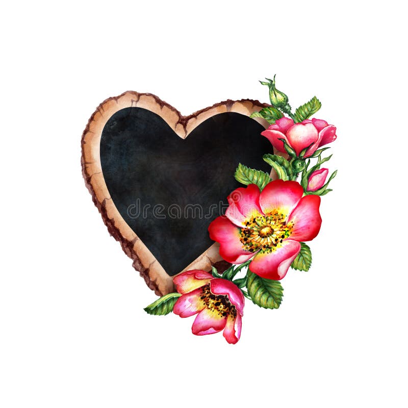 Watercolor botanical illustration, heart wooden slice, black chalkboard decorated with red dog rose flowers, Valentine`s day