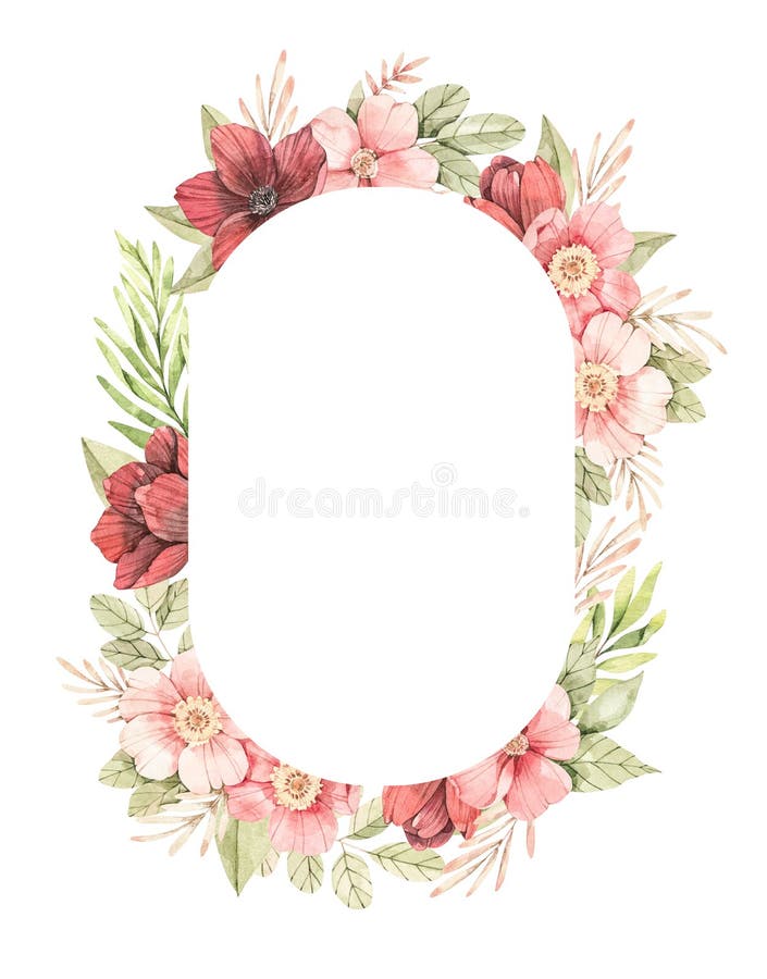 Watercolor botanical illustration. Oval Frame with Pink dog-rose blossom Gentle rose, bud, branches and green leaves. Spring