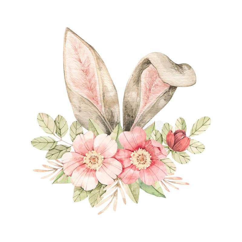 Watercolor botanical illustration. Spring bouquet with Pink  dog-rose blossom and bunny ears. Gentle rose, bud, branches, green