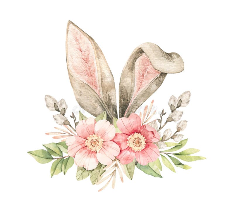 Watercolor botanical illustration. Spring bouquet with Pink dog-rose blossom, willow and bunny ears. Gentle rose, bud, branches