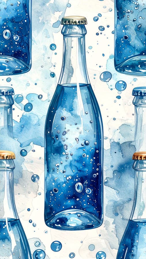 Watercolor Bottles of Sparkling Blue Water Pattern royalty free illustration