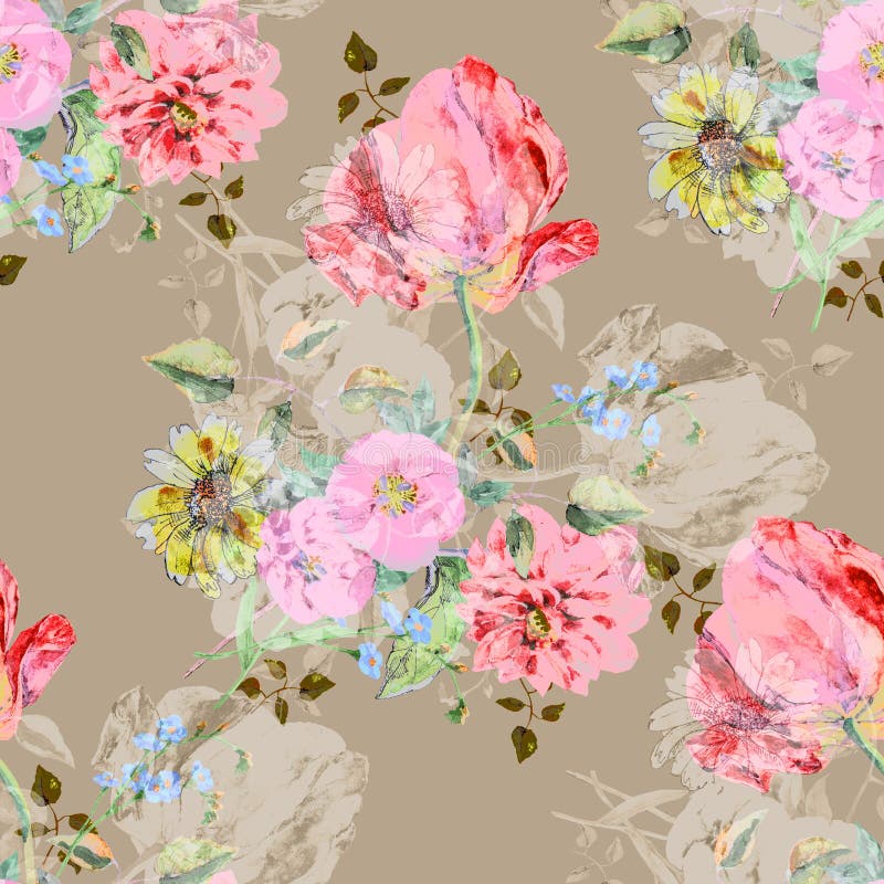 Watercolor bouquet flowers with tulip. Seamless pattern on a beige background.