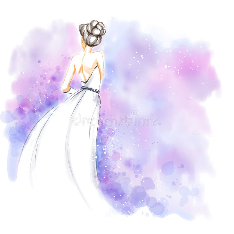 Watercolor, Bride in Wedding Dress ...