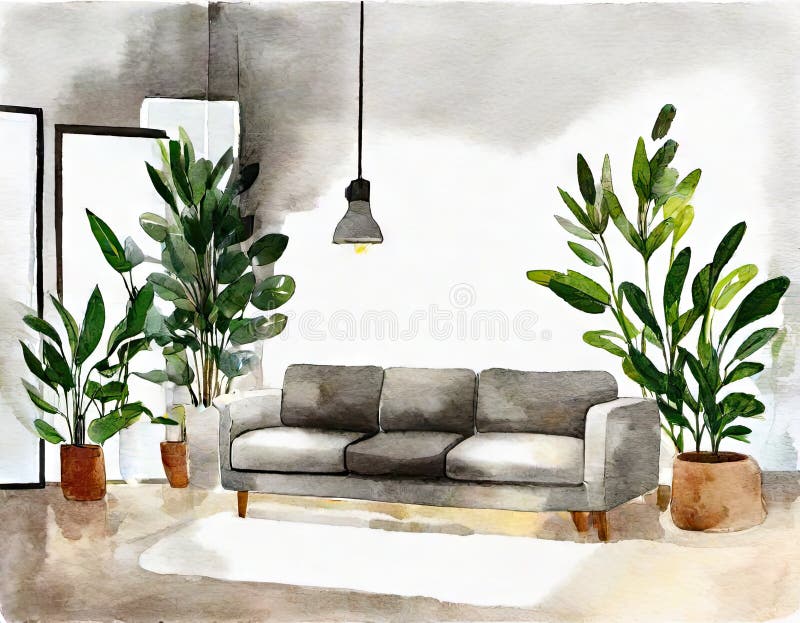 Watercolor of Bright Living Room with Gray Stock Illustration
