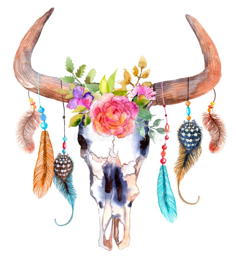 Download Watercolor Bull Skull With Flowers And Feathers Stock ...