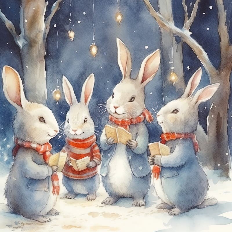 Watercolor bunnies in clothes singing Christmas tree. Illustration AI Generative