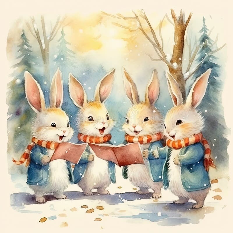 Watercolor bunnies in clothes singing Christmas tree. Illustration AI Generative