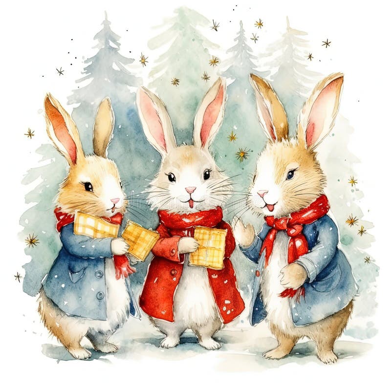 Watercolor bunnies in clothes singing Christmas tree. Illustration AI Generative