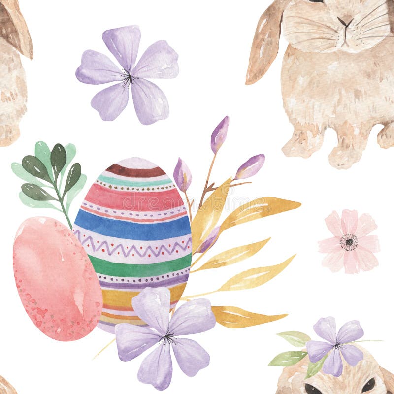Watercolor Bunny Easter Egg Patterns Floral Leaves Buds Bows Seamless Patterns
