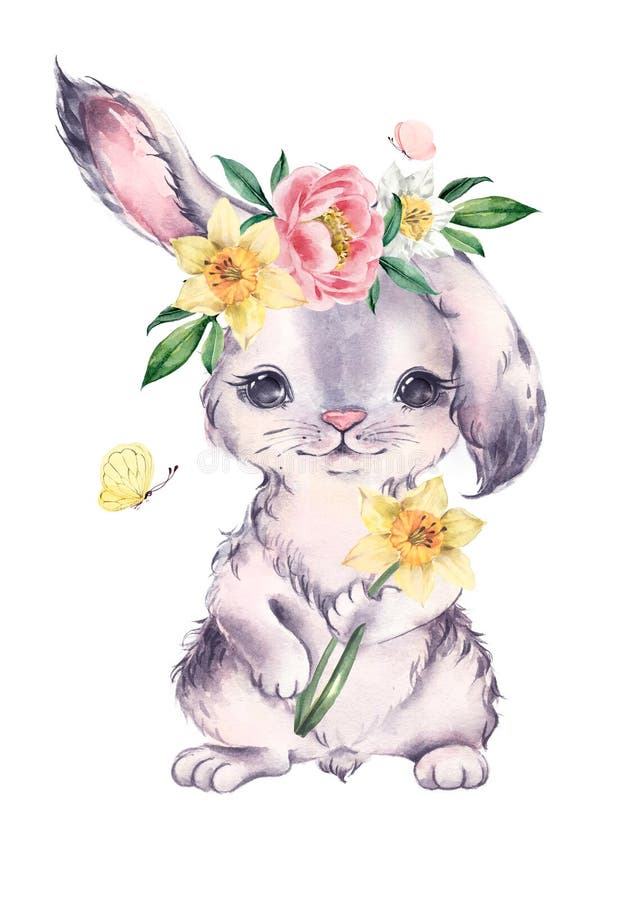 Watercolor Bunny with a Wreath of Spring Flowers. Easter Card. Stock