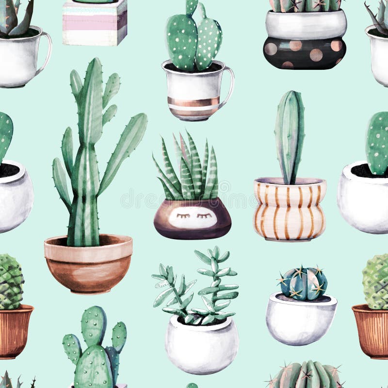 Watercolor cactus in pot tropical garden seamless pattern.