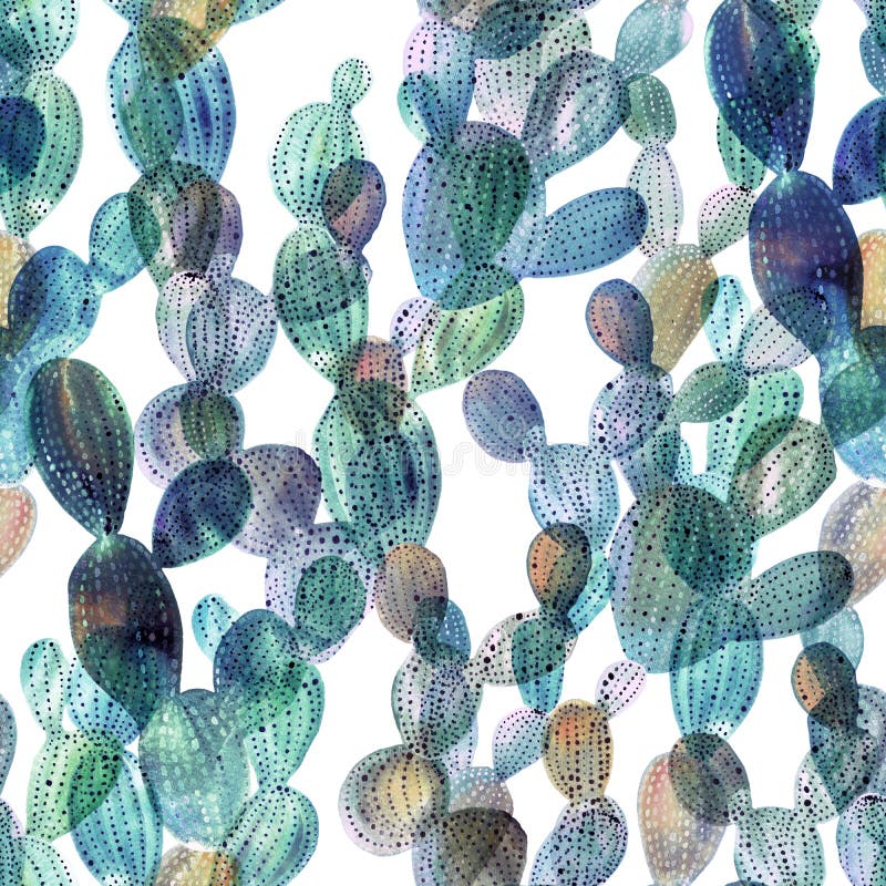 Watercolor cactus tropical garden seamless pattern.