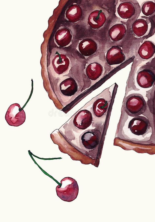 Watercolor cake pie with chokolate and cherry stock illustration Watercolor cake pie with chokolate and cherry stock illustration