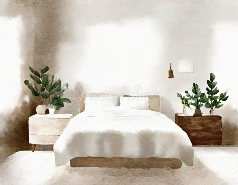 Watercolor of a Calming Bedroom with Basic Decor Featuring a Cozy Bed