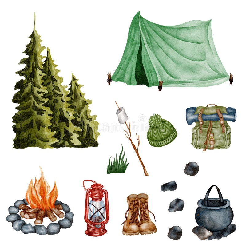Watercolor Camping Clipart. Hand Drawn Wild Camping Illustration Stock ...
