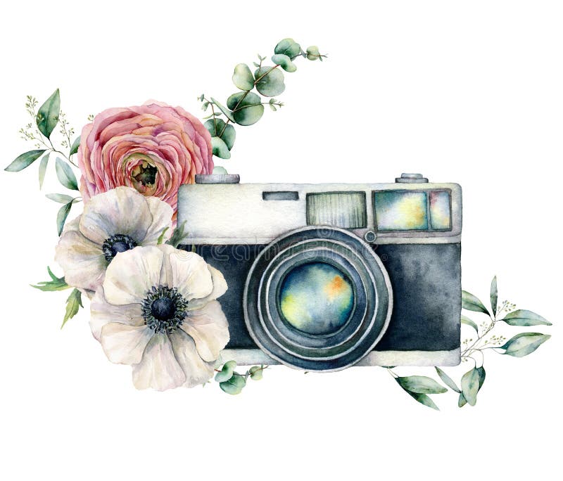 Watercolor card composition with camera and anemone, ranunculus bouquet. Hand painted photographer logo with flower illustration isolated on white background. For design, prints or background