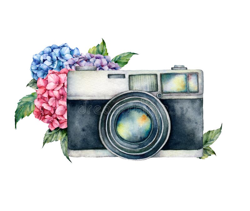 Watercolor card composition with camera and flower bouquet. Hand painted photographer logo with anemone and ranunculus flowers isolated on white background. For design, prints or background