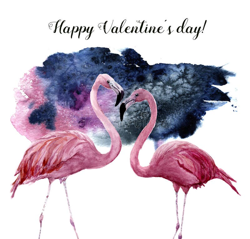 Watercolor card with couple of pink flamingo and Happy Valentine`s Day inscription. Exotic hand painted bird royalty free illustration Watercolor card with couple of pink flamingo and Happy Valentine`s Day inscription. Exotic hand painted bird royalty free illustration