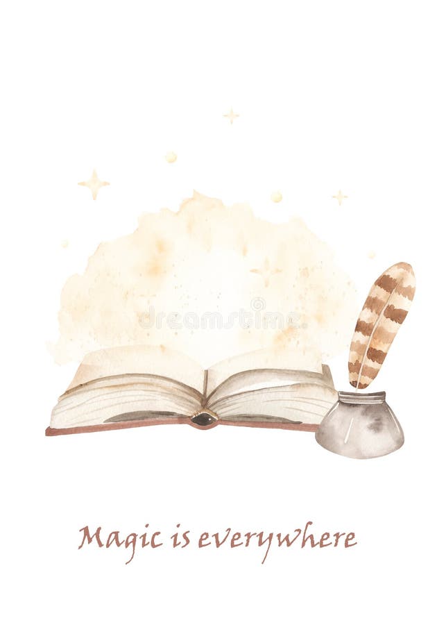 Watercolor card with open magic book, sparkles. Magic is everywhere vector illustration