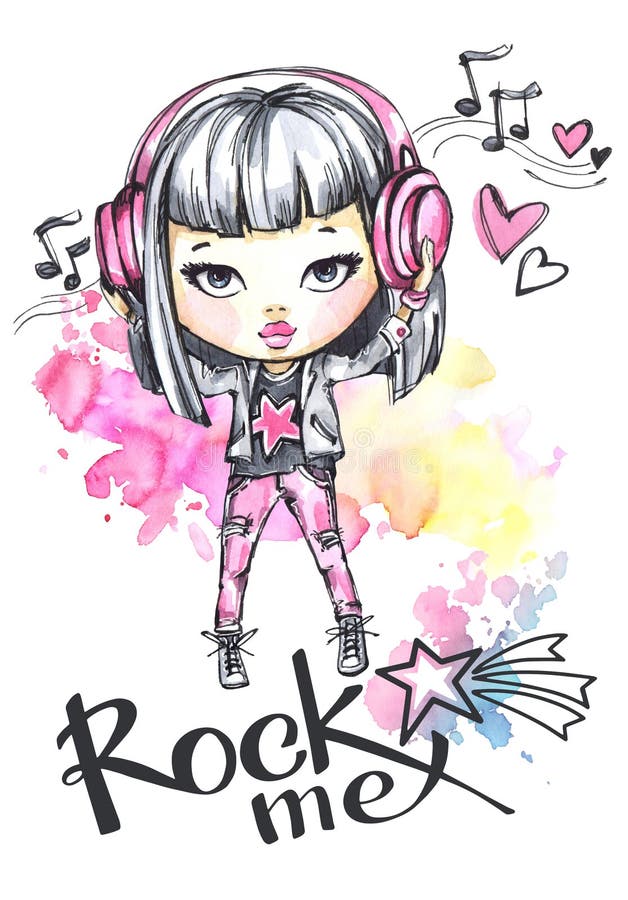 Watercolor Card Rock Girl with Headphones. Calligraphy Words Rock Me Stock  Illustration - Illustration of message, female: 95634665