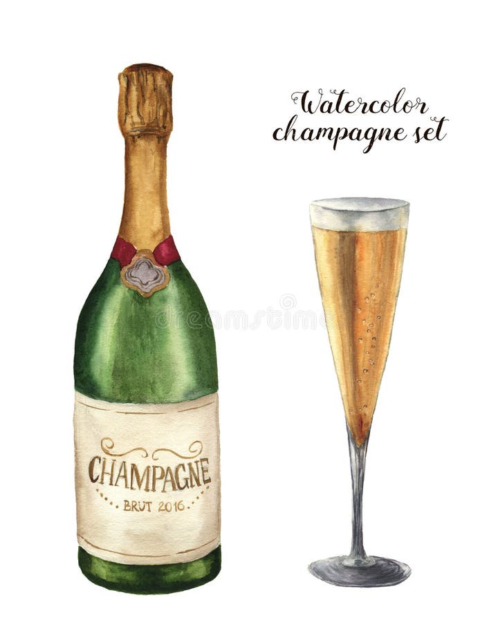 Watercolor champagne set. Bottle of sparkling wine with glass isolated on white background. Party illustration for
