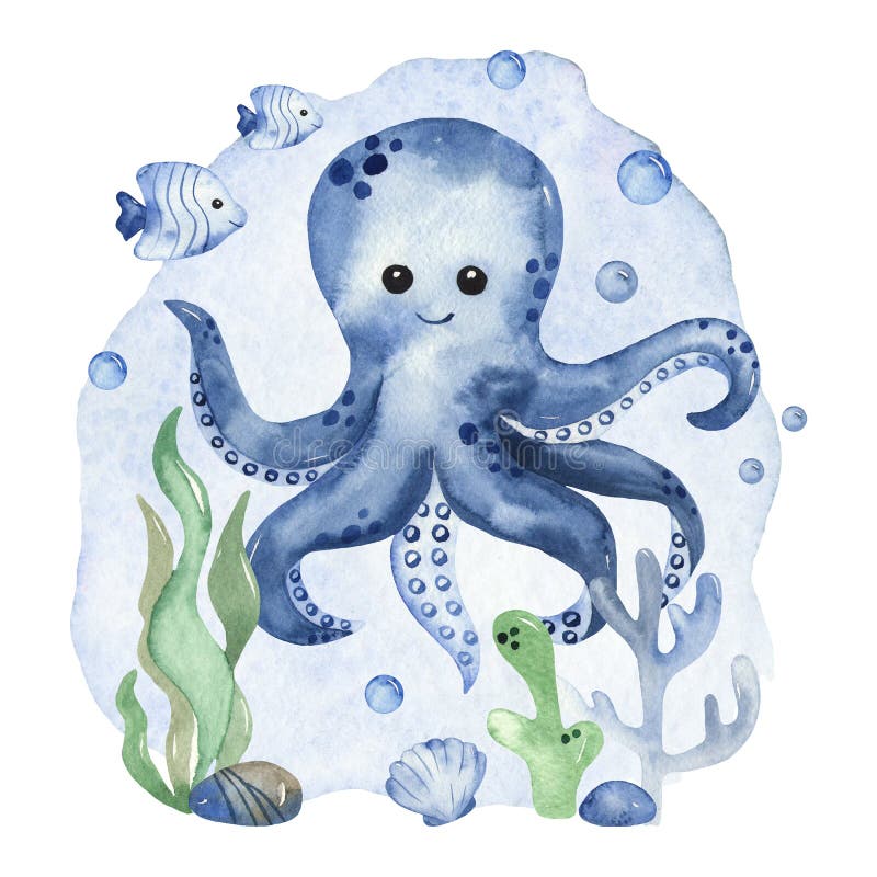 Watercolor children`s composition with octopus, fish, shell, coral, seaweed