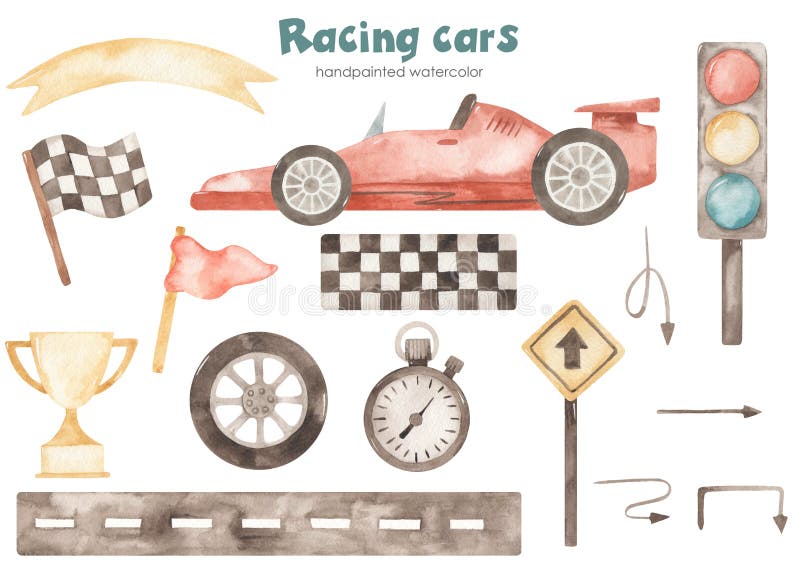 Watercolor children`s set with racing cars, road, flag, trophy, traffic light, start line, timer, finish flag, boy