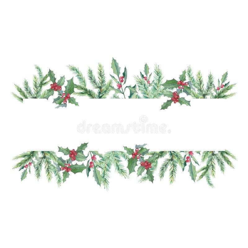 Watercolor Christmas Banner with Winter Branches and Red Berries ...