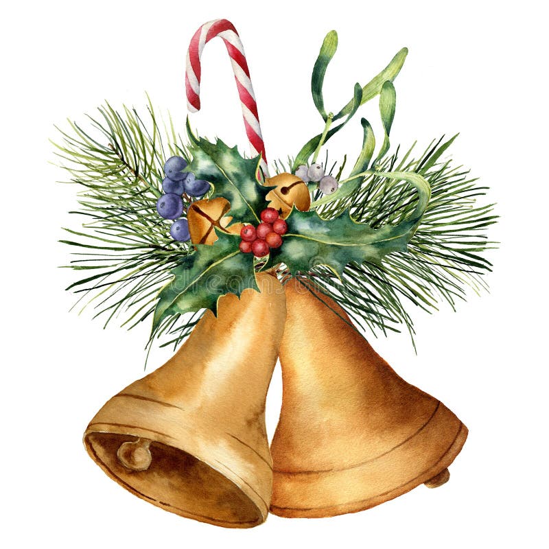Watercolor Christmas bells with holiday decor. Hand painted floral composition with holly, mistletoe, candy, fir branch stock illustration Watercolor Christmas bells with holiday decor. Hand painted floral composition with holly, mistletoe, candy, fir branch stock illustration