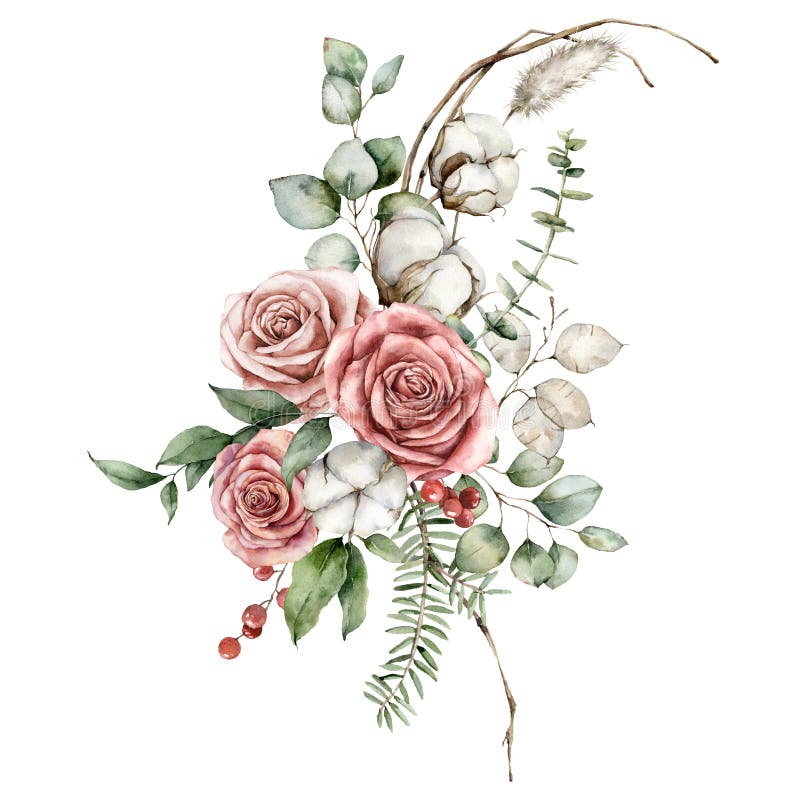 Watercolor Christmas bouquet of dried flowers with eucalyptus, lagurus, pink roses and cotton. Hand painted holiday card isolated on white background. Illustration for design, print or background